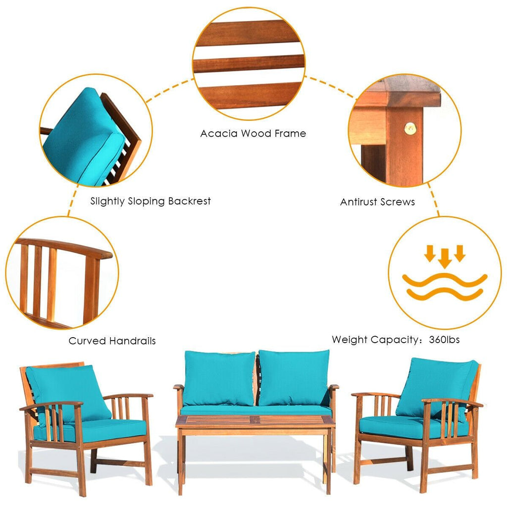 4-Piece Acacia Patio Sofa Set with Turquoise Cushions – product view 9 of 10