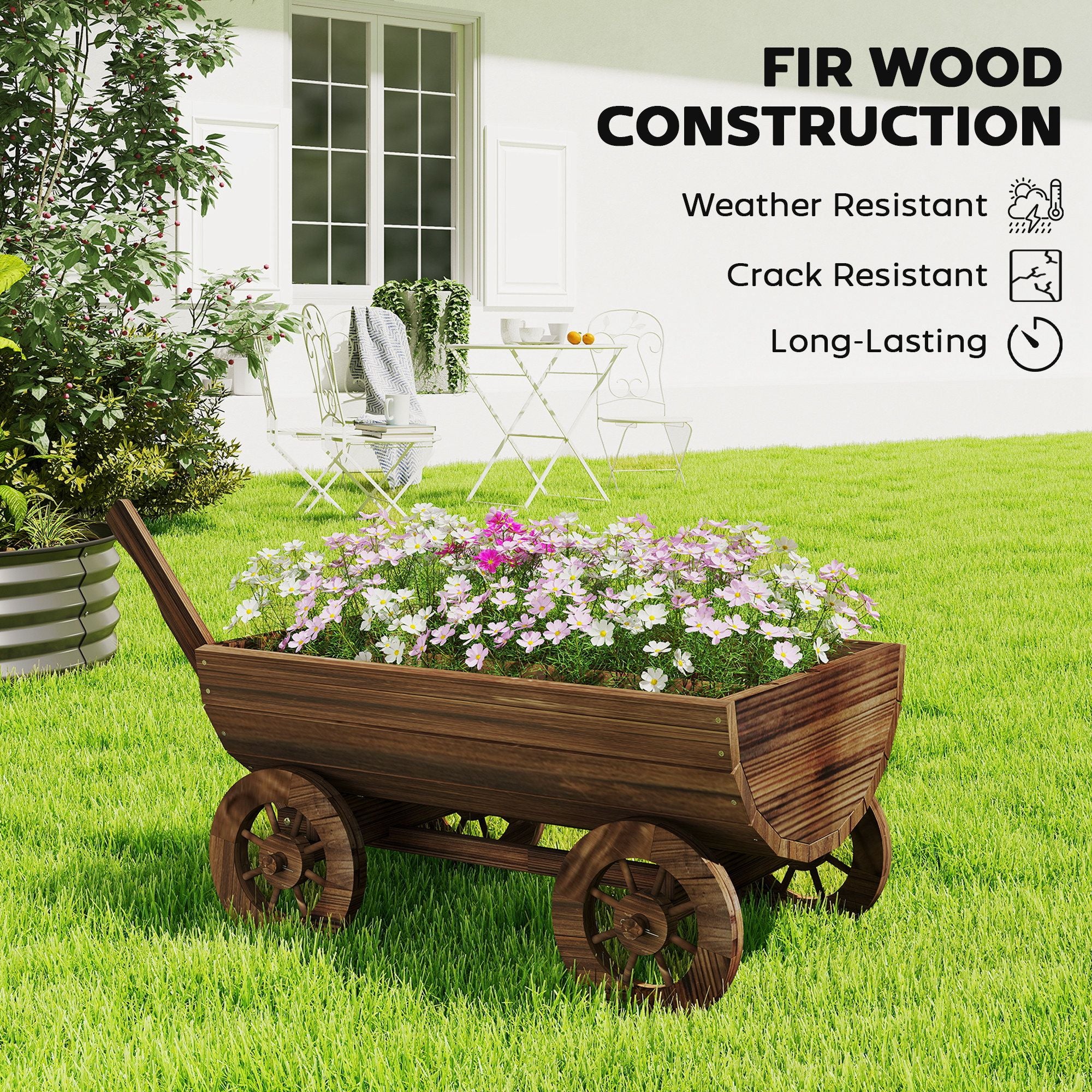 Wooden Wagon Planter Box, Mobile Garden Planter with 4 Wheels, Small Wheelbarrow Wagon Flower Cart with Drainage Hole – product view 7 of 11