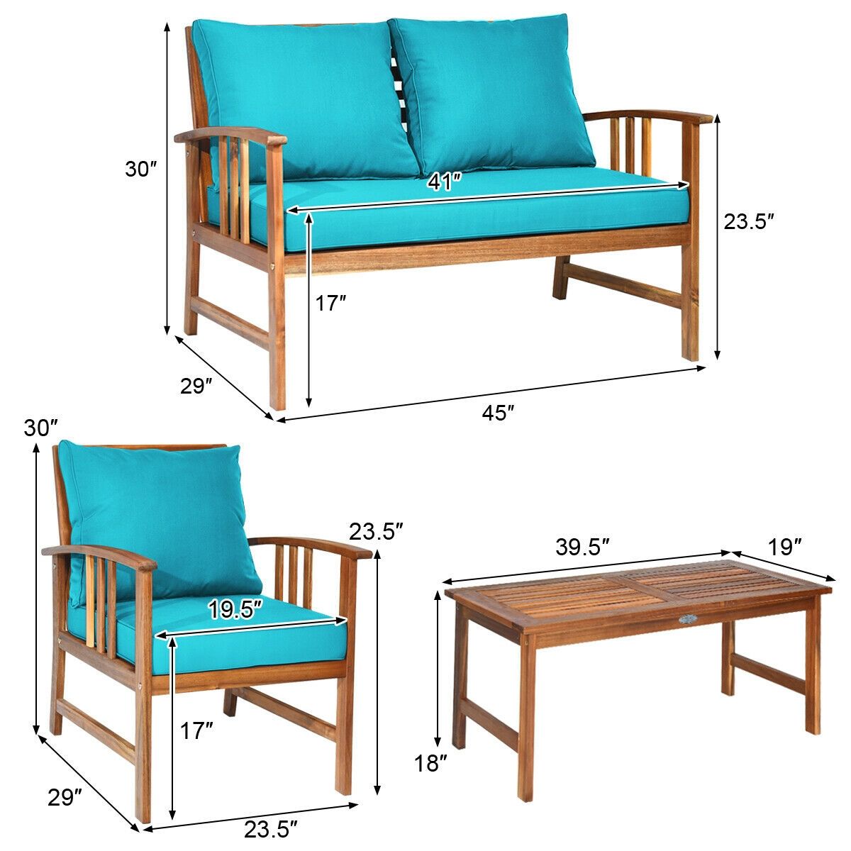 4-Piece Acacia Patio Sofa Set with Turquoise Cushions – product view 7 of 10