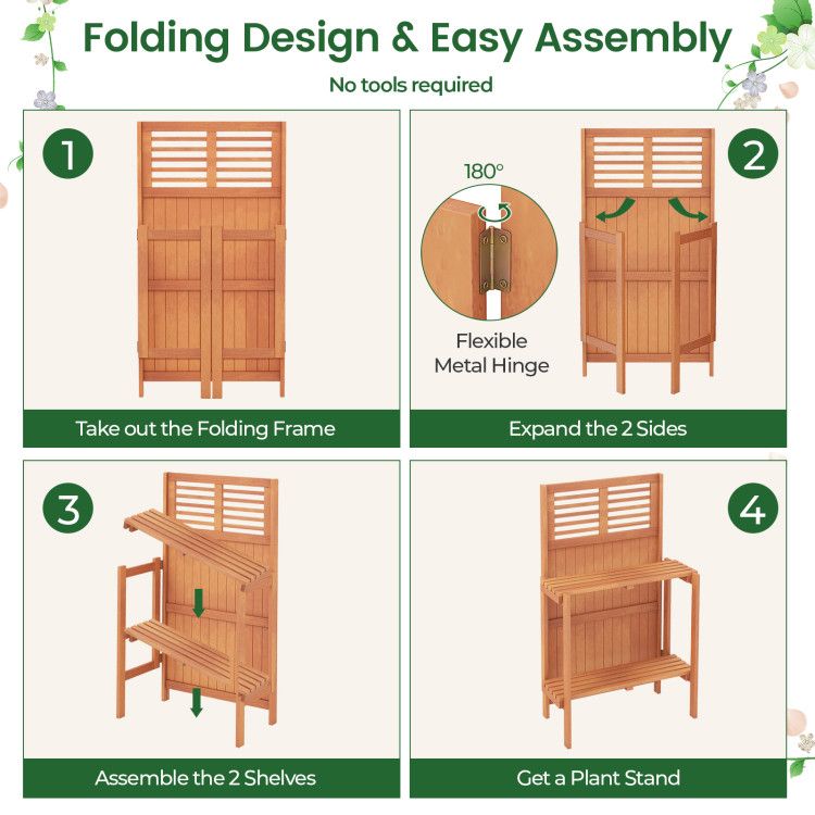 Folding Garden Potting Bench with 2-tier Storage Shelves and Teak Oil Finish for Garden Yard Balcony – product view 9 of 9