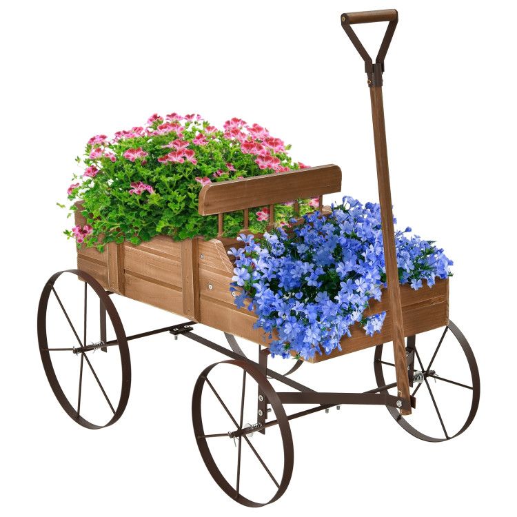 Wooden Wagon Plant Bed with Metal Wheels for Garden Yard Patio – product view 30 of 50