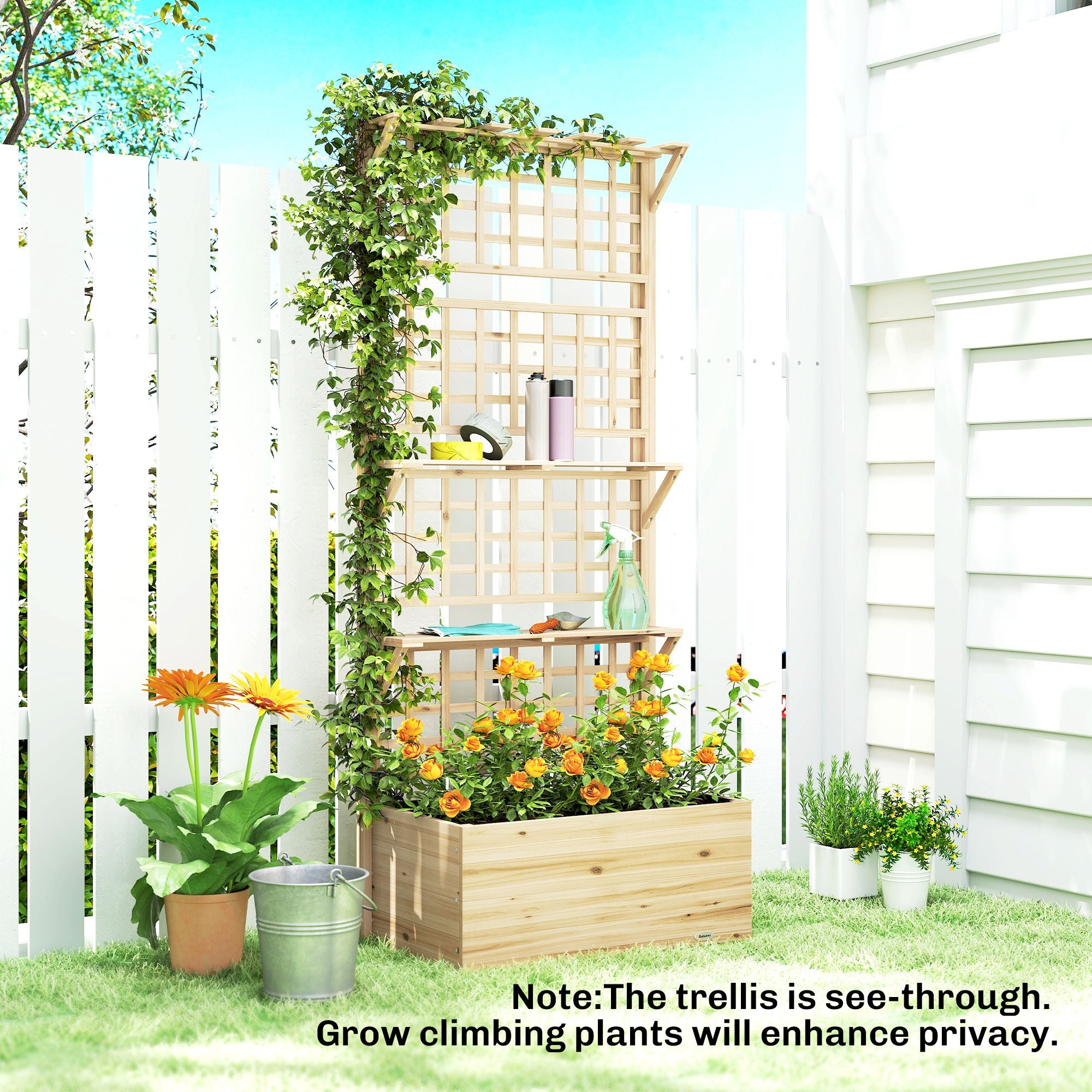 Wooden Raised Garden Bed with Trellis and Roof, Elevated Planter Box with 2 Shelves, Drainage Hole and Liner, Natural – product view 9 of 11