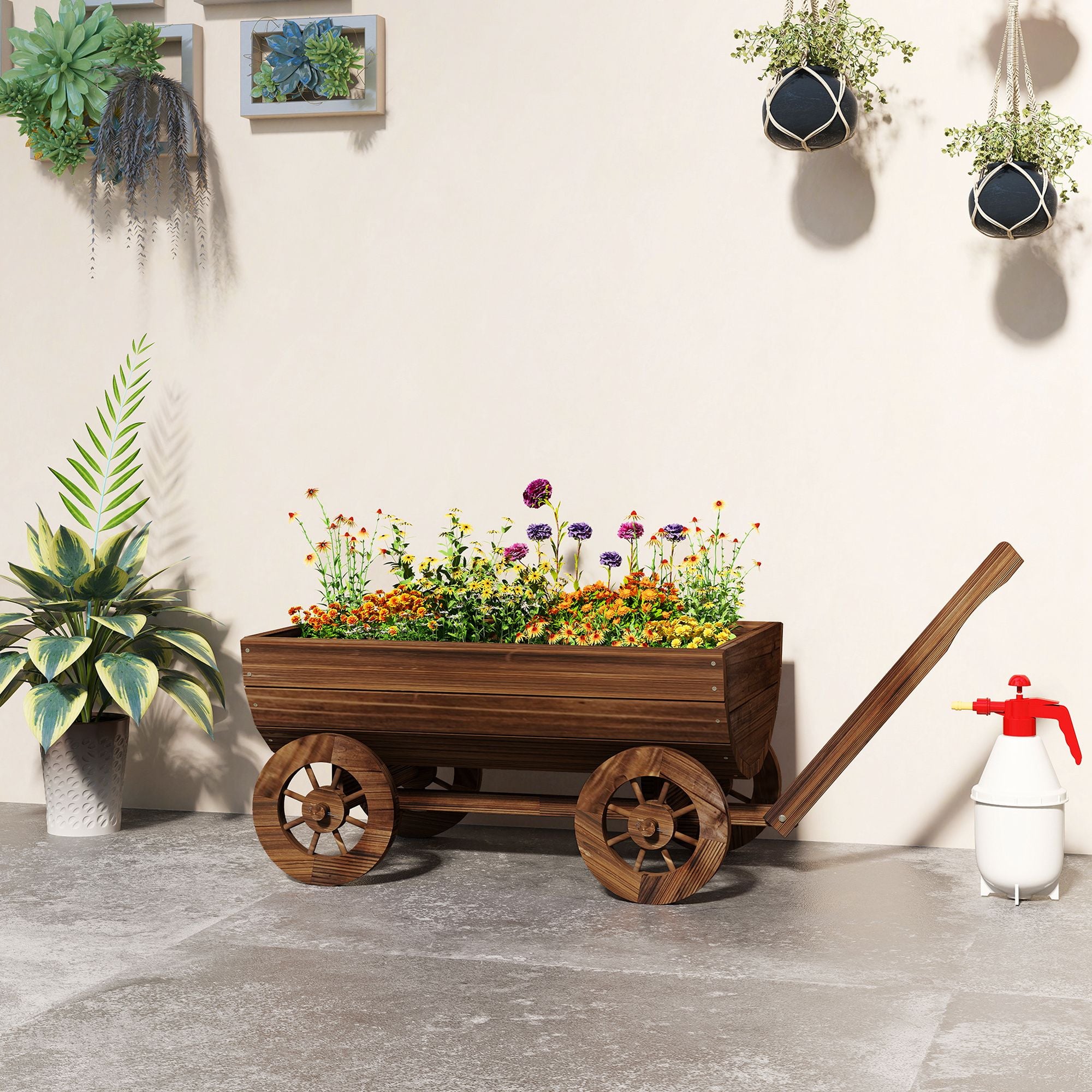 Wooden Wagon Planter Box, Mobile Garden Planter with 4 Wheels, Small Wheelbarrow Wagon Flower Cart with Drainage Hole – product view 10 of 11