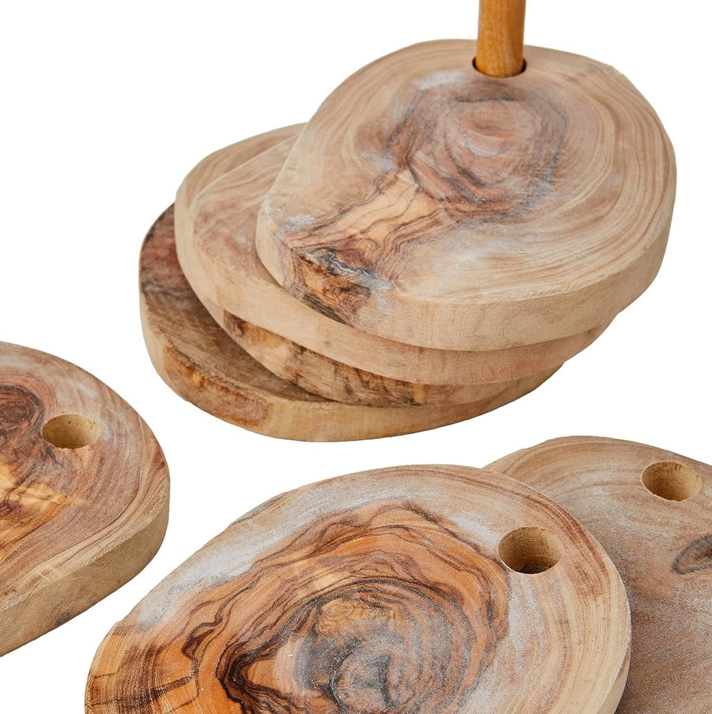 7-Piece Olive Wood Coaster Set with Holder – product view 6 of 9