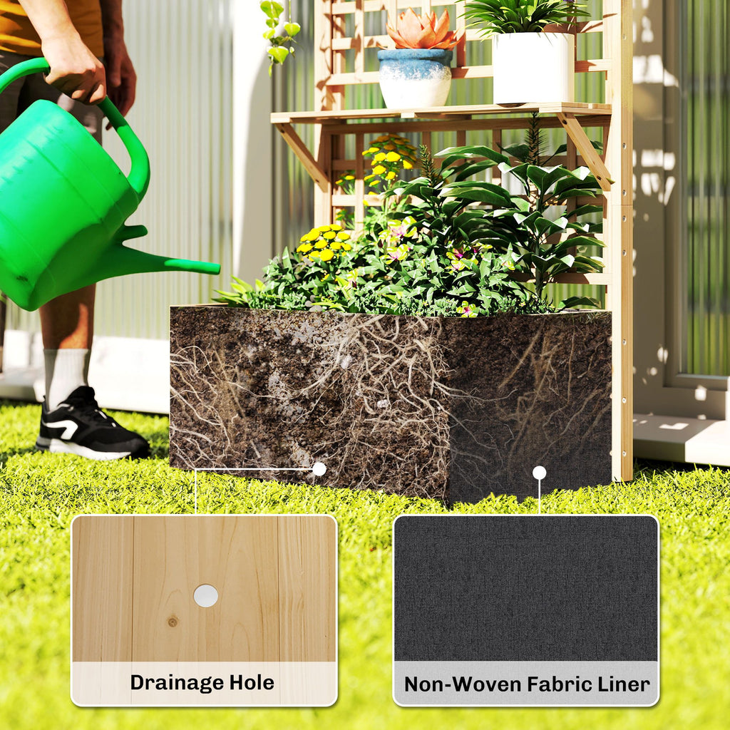 Wooden Raised Garden Bed with Trellis and Roof, Elevated Planter Box with 2 Shelves, Drainage Hole and Liner, Natural – product view 7 of 11