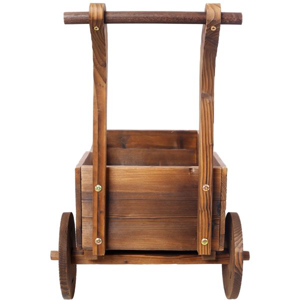 Wooden Wagon Planter Box, Mobile Garden Planter with 4 Wheels, Handle, Drain Hole, Decorative Flower Planter for Indoor & Outdoor Decor, Wooden Flower Cart for Patio, Garden, Balcony, Brown – product view 7 of 15
