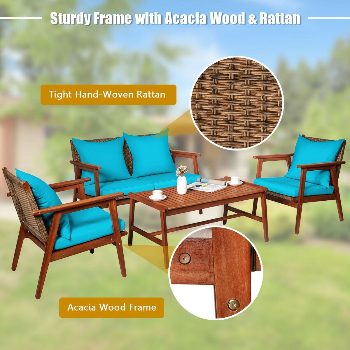 4-Piece Acacia Rattan Patio Set with Cushions – product view 15 of 16