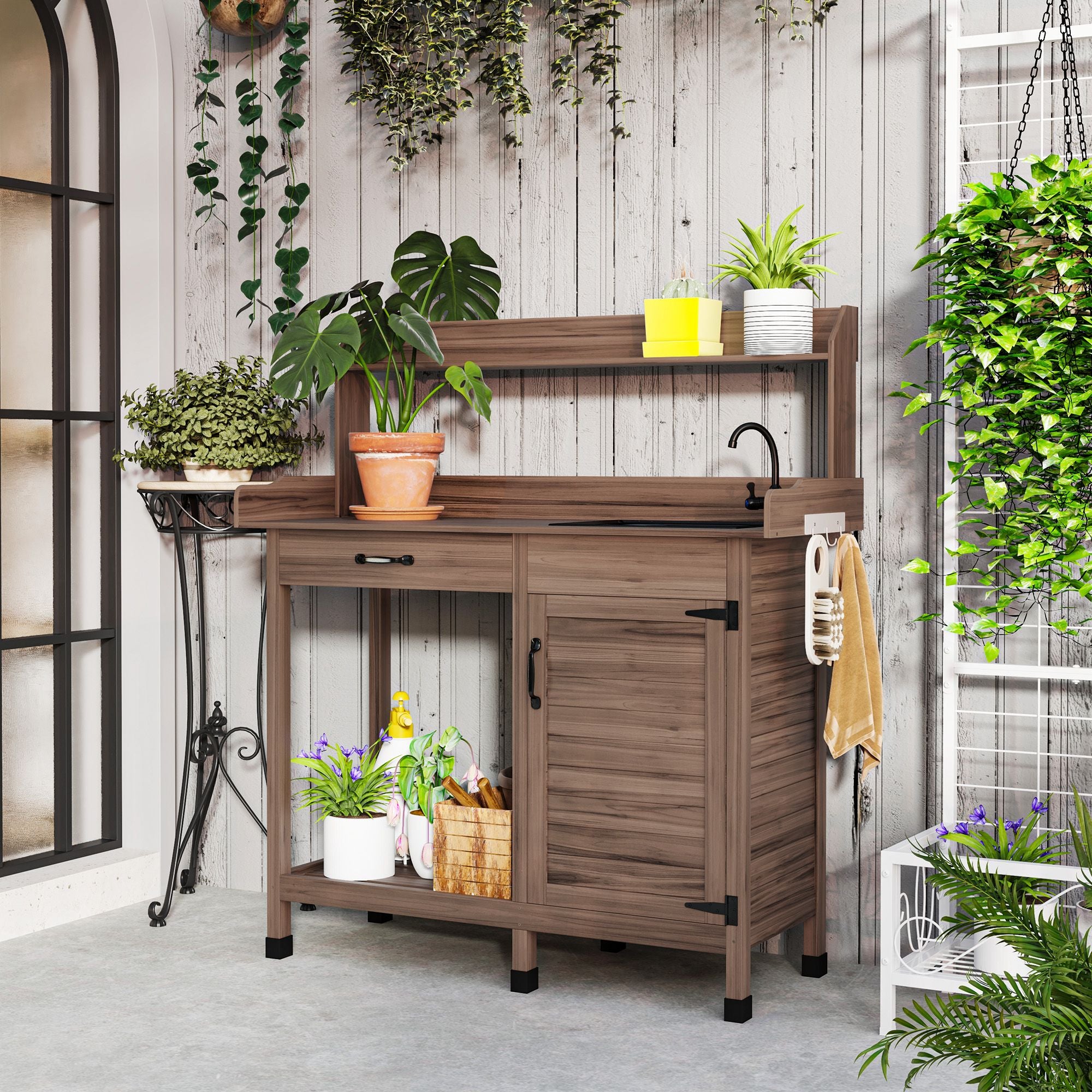 Fir Wood Potting Bench with Sink and Cabinet – product view 10 of 11
