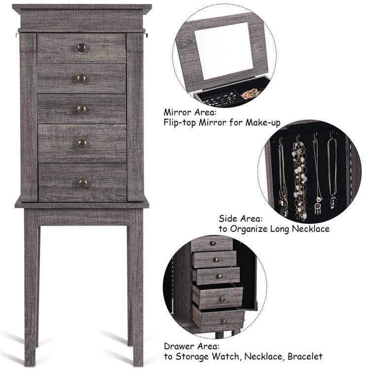 Standing Jewelry Cabinet with 5 Drawers and Mirror – product view 6 of 12