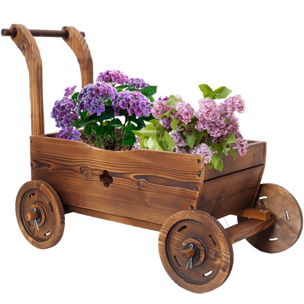 Wooden Wagon Planter Box, Mobile Garden Planter with 4 Wheels, Handle, Drain Hole, Decorative Flower Planter for Indoor & Outdoor Decor, Wooden Flower Cart for Patio, Garden, Balcony, Brown – product view 2 of 15