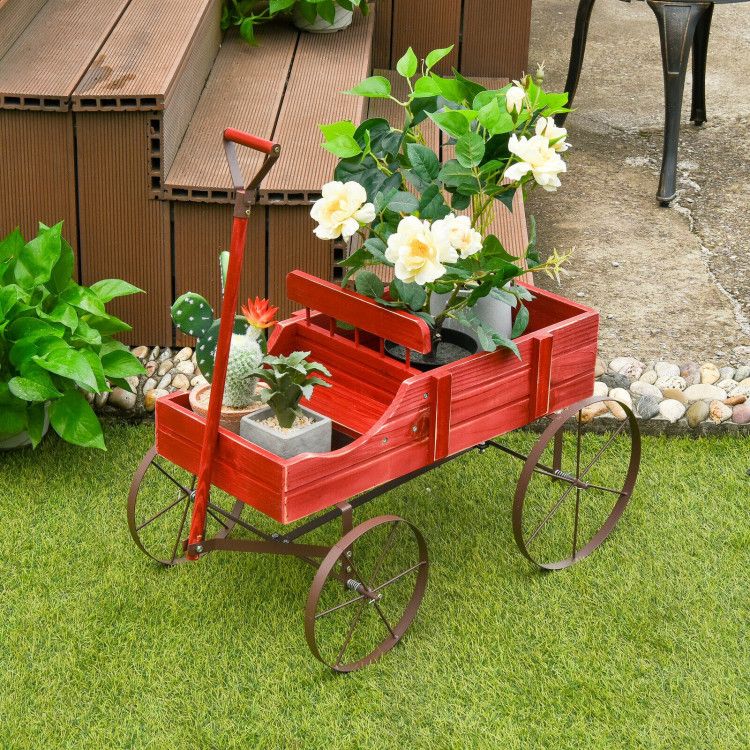 Wooden Wagon Plant Bed with Metal Wheels for Garden Yard Patio – product view 6 of 50