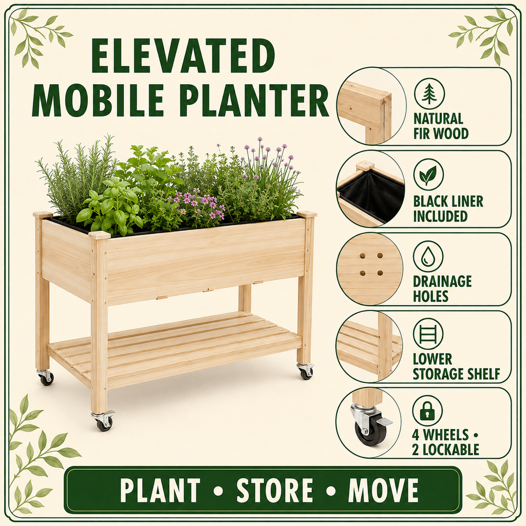 Elevated mobile planter features including liner, drainage, shelf, and wheels