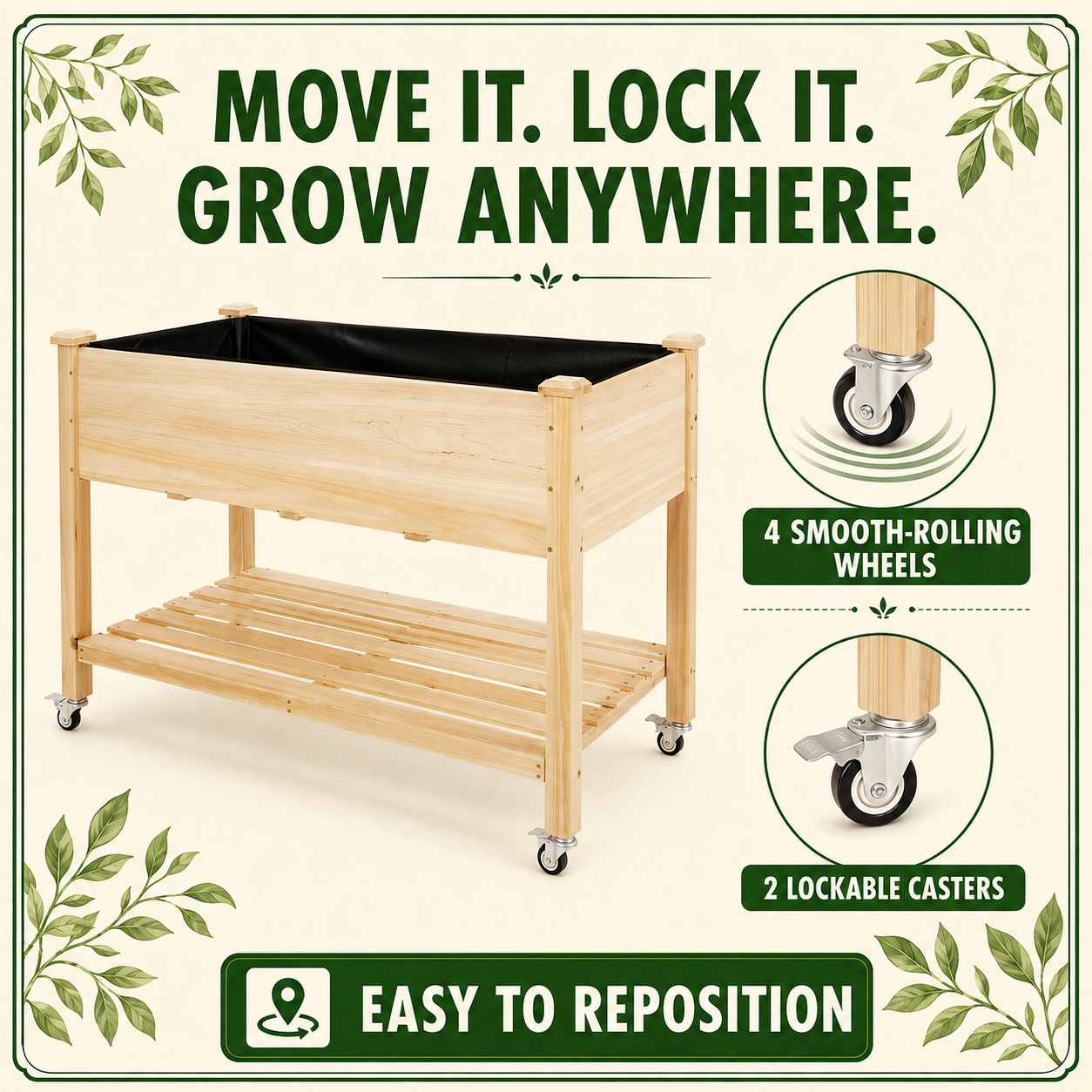 Mobile planter wheel features with four casters and two locking brakes