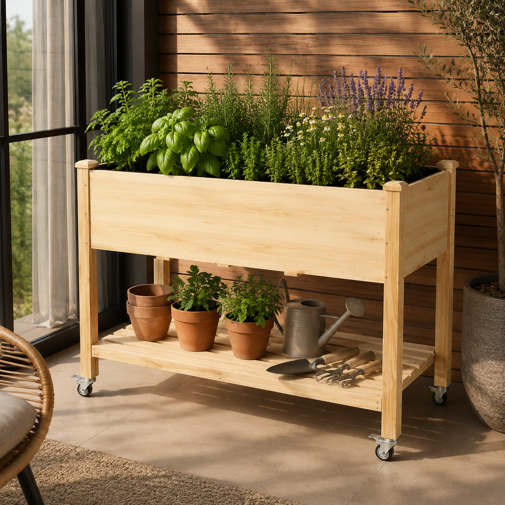 Elevated wooden planter styled with herbs and garden tools on a modern terrace