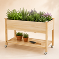 Natural fir wood elevated planter with herbs, lower shelf, and caster wheels
