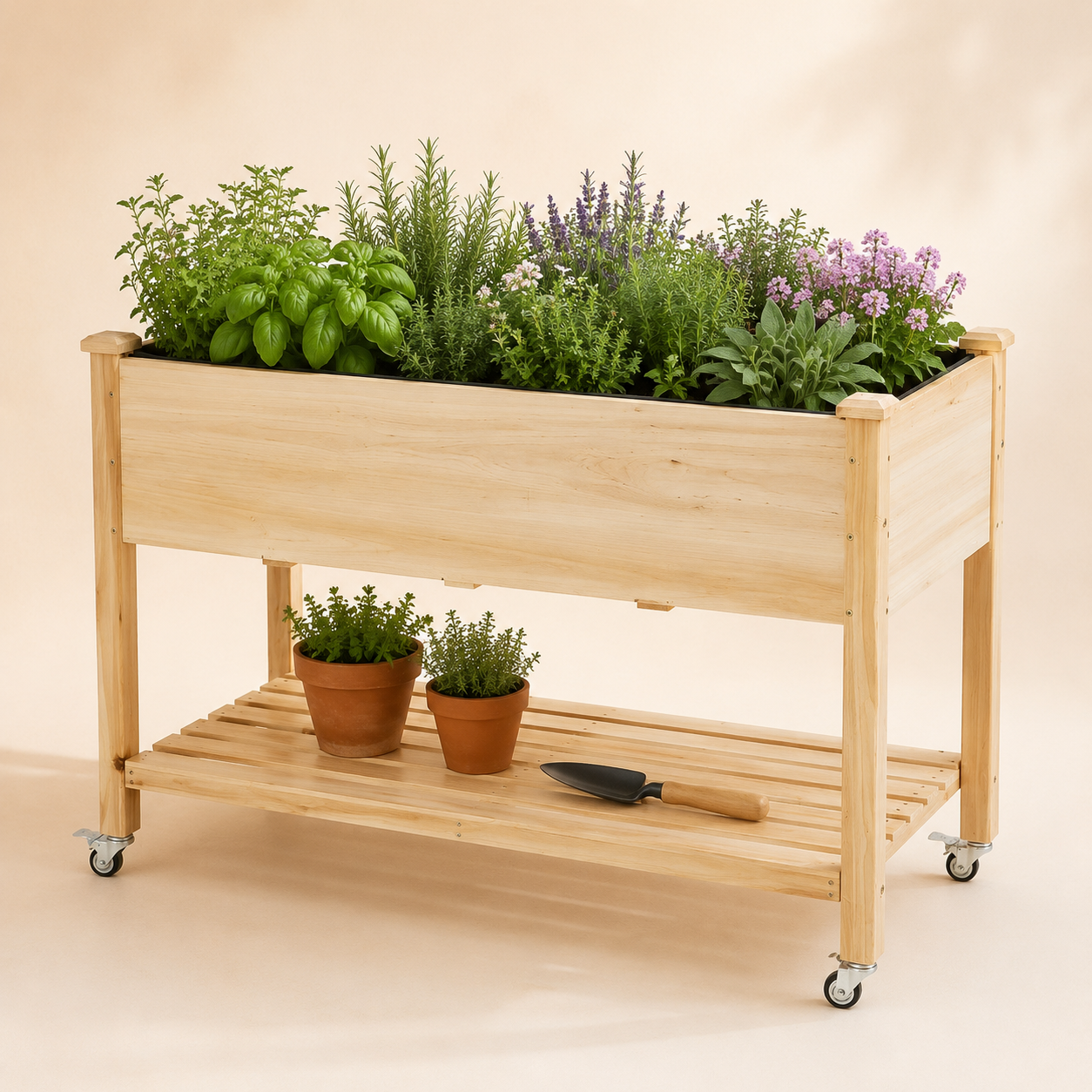 Natural fir wood elevated planter with herbs, lower shelf, and caster wheels