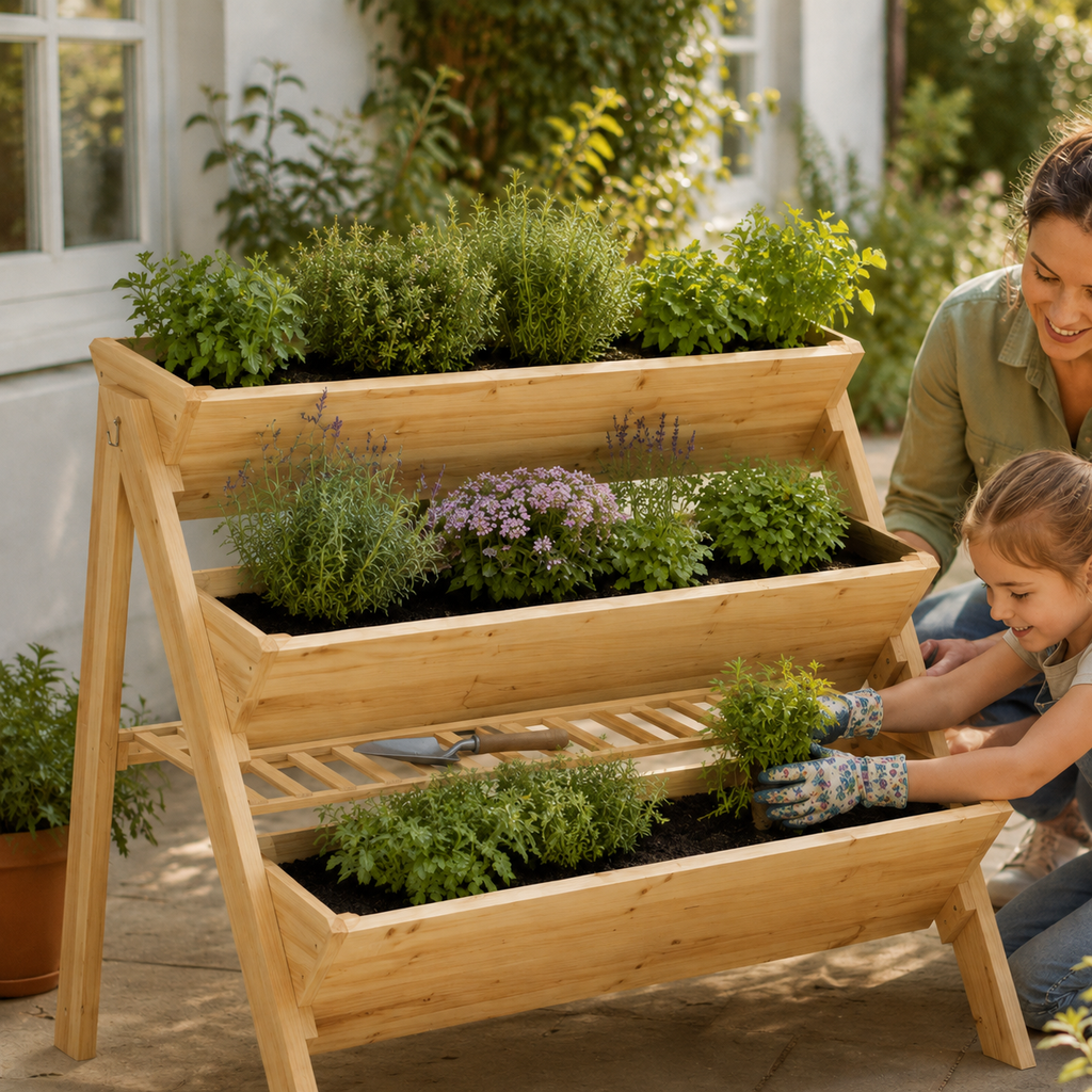 Woman and child planting herbs in a three-tier wooden garden bed