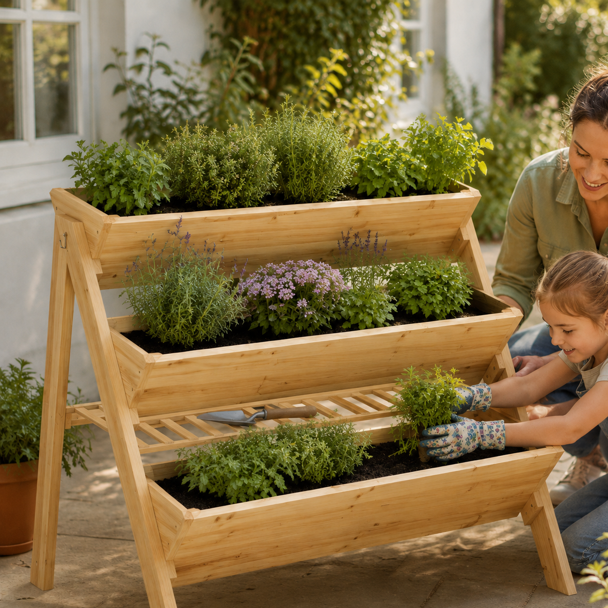 Woman and child planting herbs in a three-tier wooden garden bed