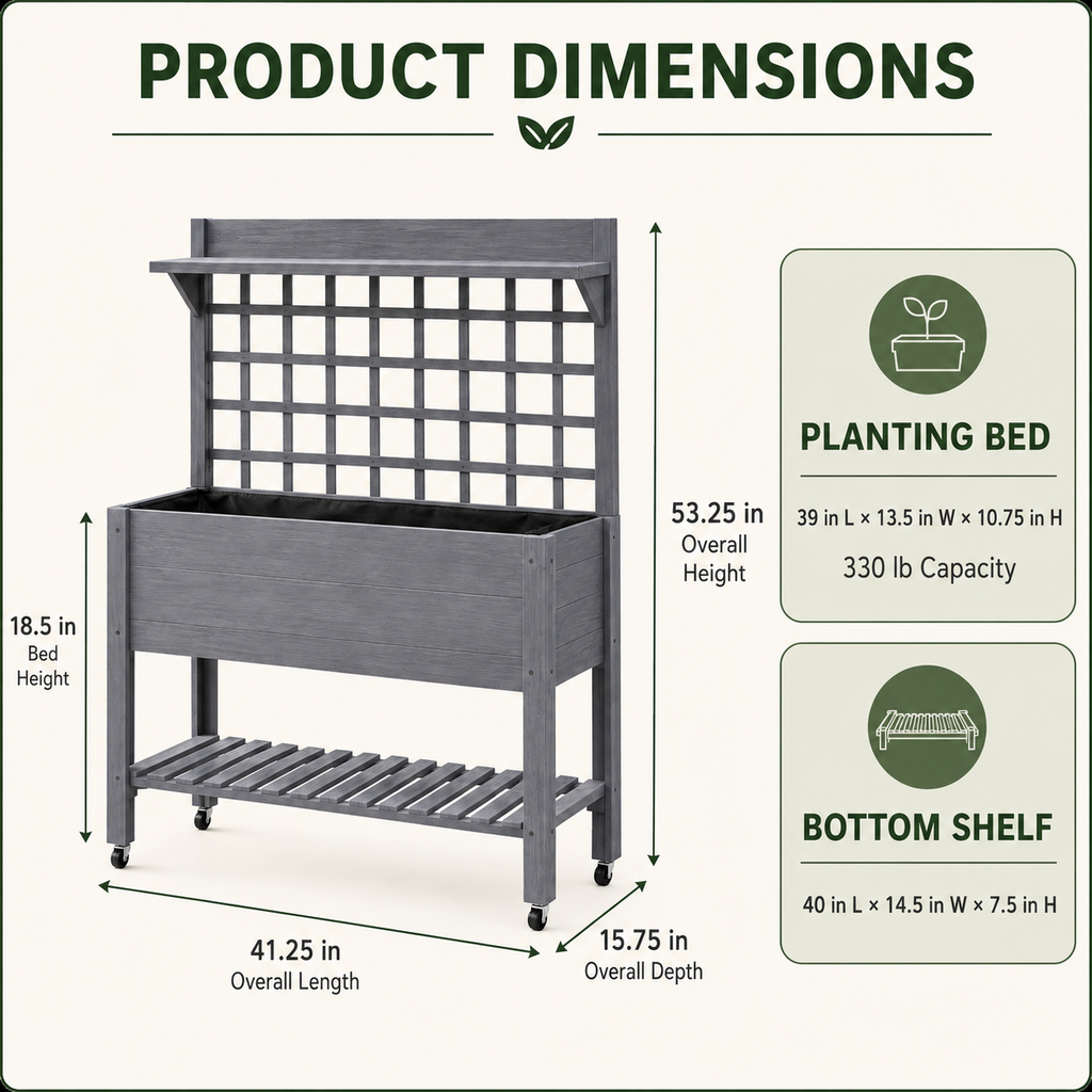 Gray mobile planter dimensions and planting-bed measurements