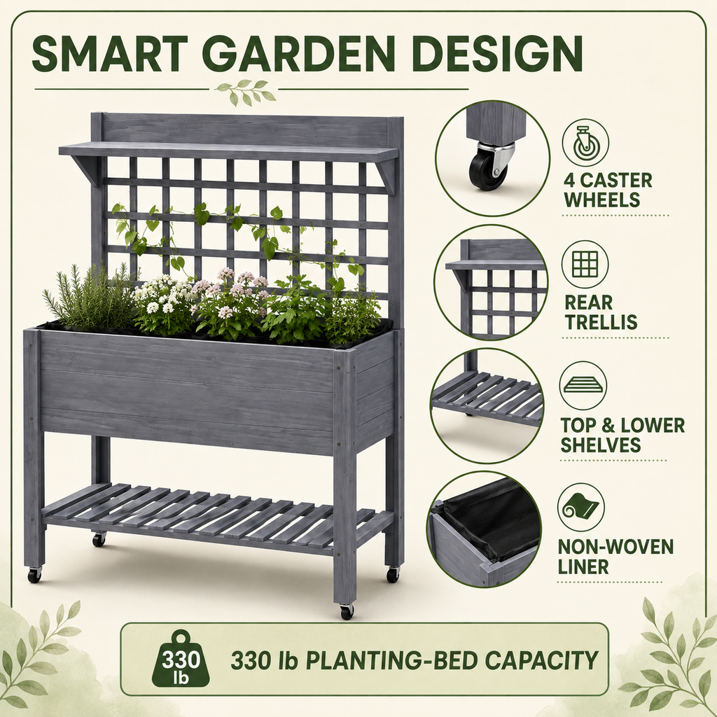 Gray mobile planter features including wheels, trellis, shelves, and liner