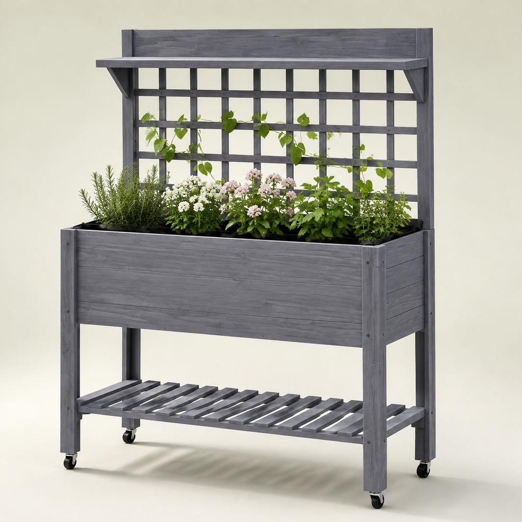 Gray mobile wooden planter with trellis, shelves, and caster wheels
