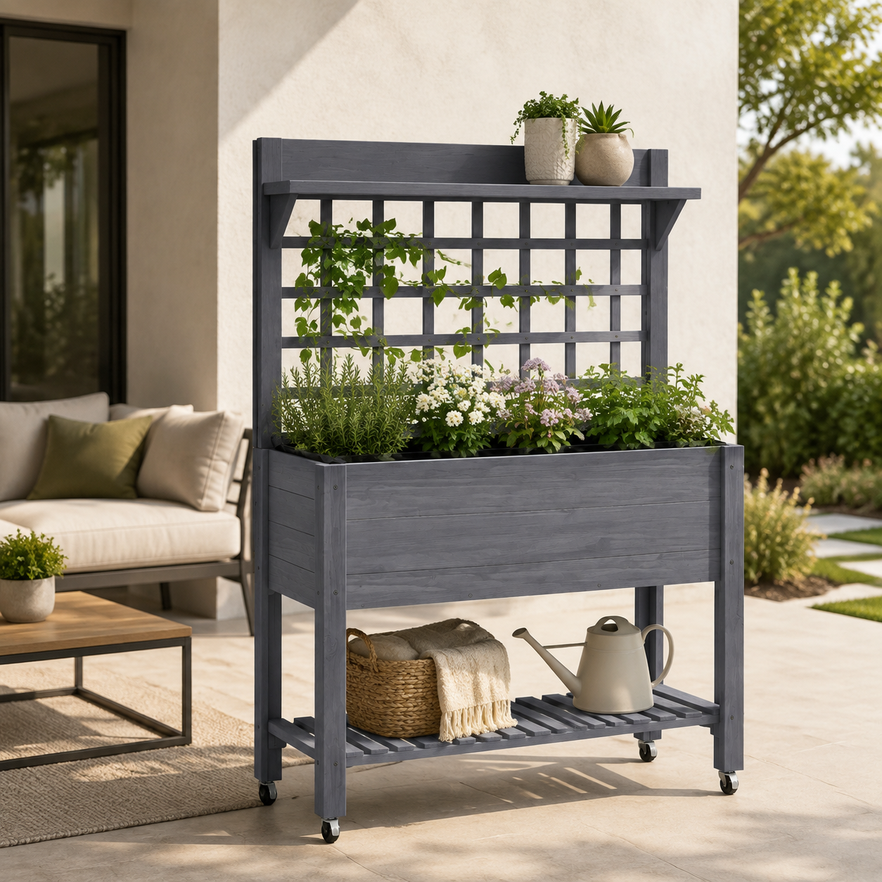 Gray mobile planter used as a decorative patio space divider