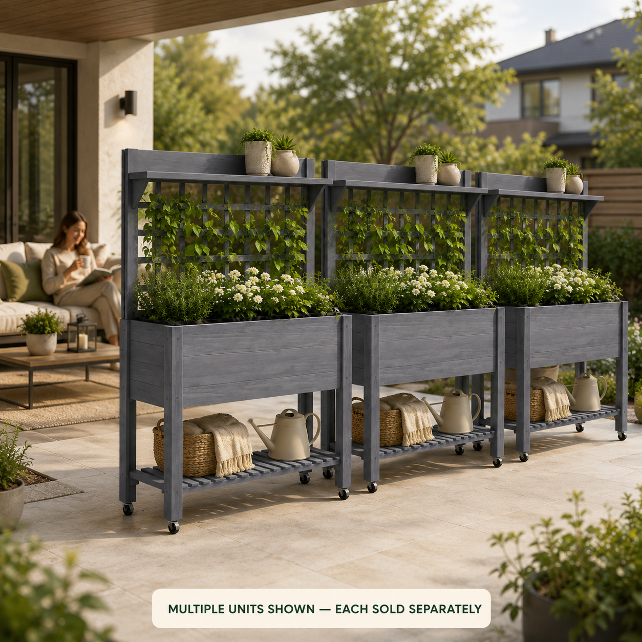 Three gray mobile planters creating a living privacy screen on a patio