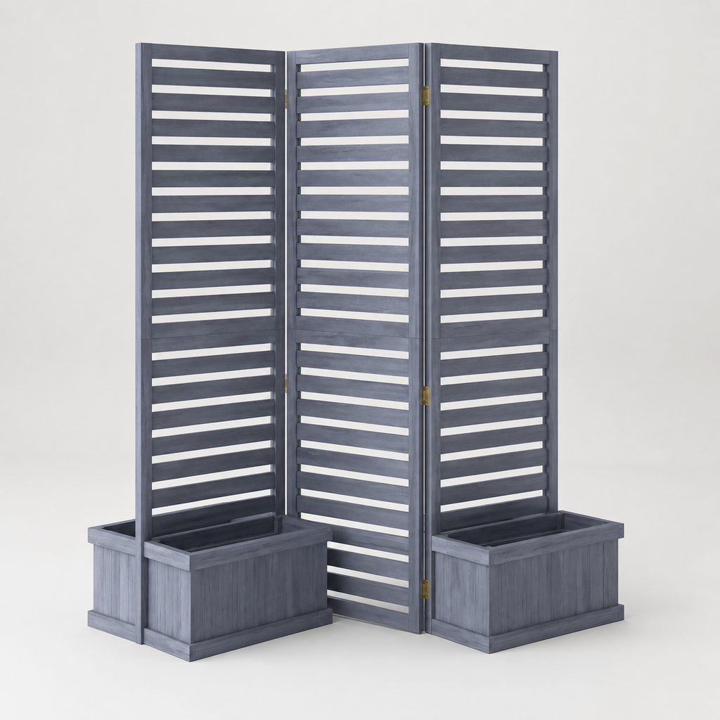 Angled view of a hinged gray wood privacy screen with planter boxes