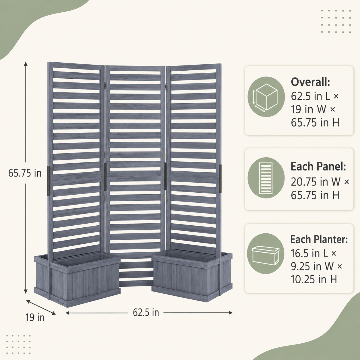 Dimensions of the gray three-panel wood privacy screen and planter boxes