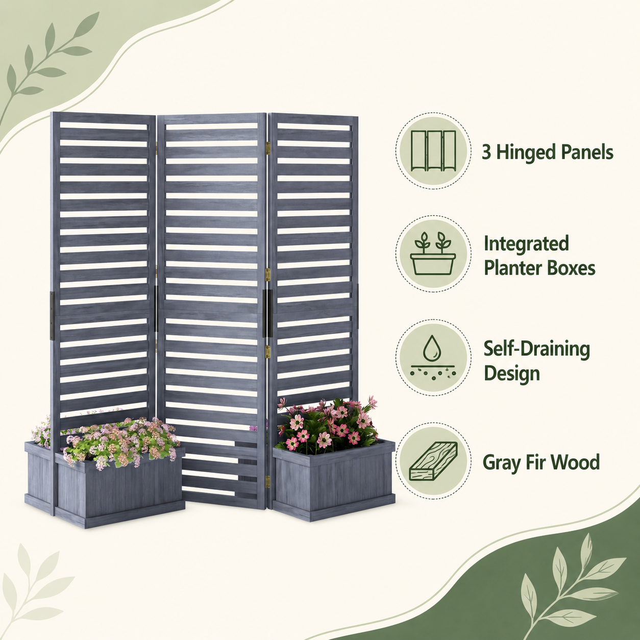 Features of the gray hinged privacy screen with self-draining planter boxes