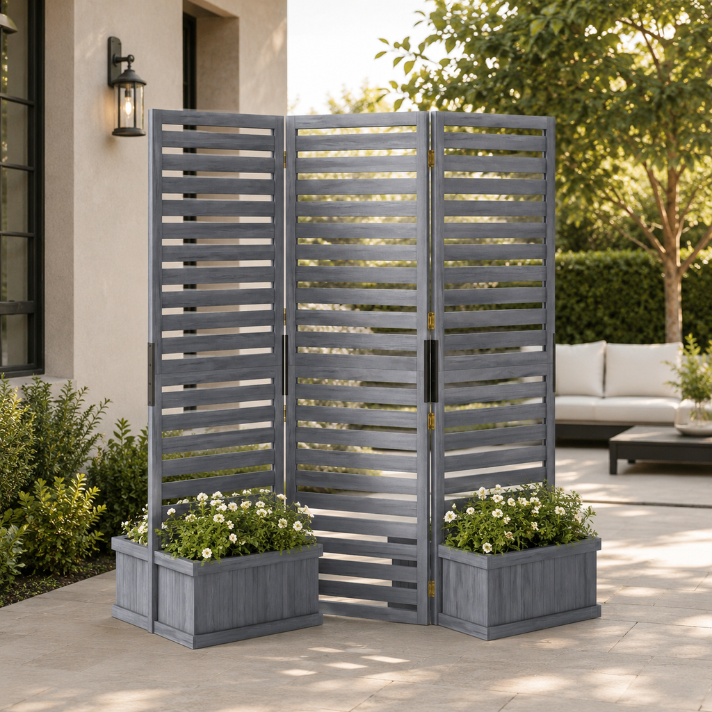 Freestanding gray privacy screen with planted boxes in an outdoor garden