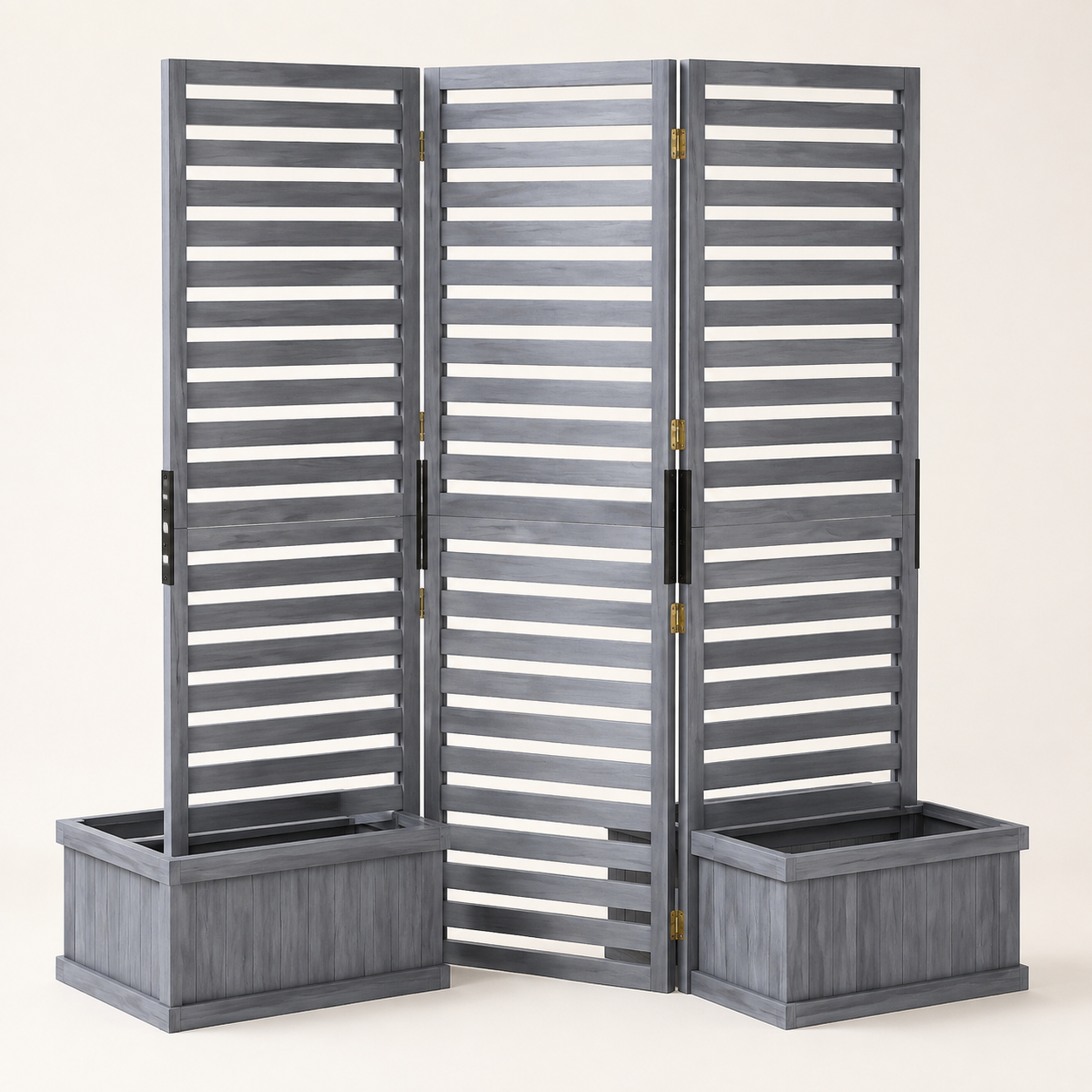 Gray three-panel wood privacy screen with two integrated planter boxes