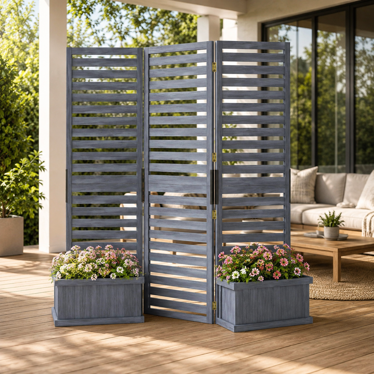 Gray wood privacy screen with flowering planter boxes on a covered patio