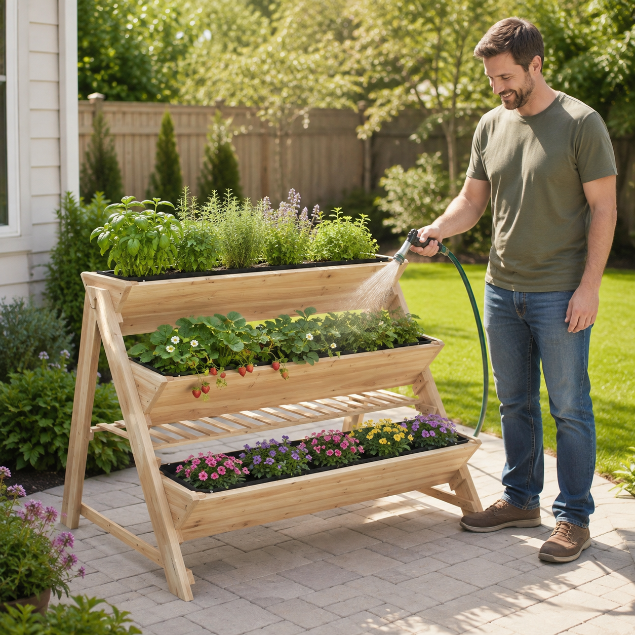 Man watering herbs, strawberries, and flowers in a three-tier wooden garden bed