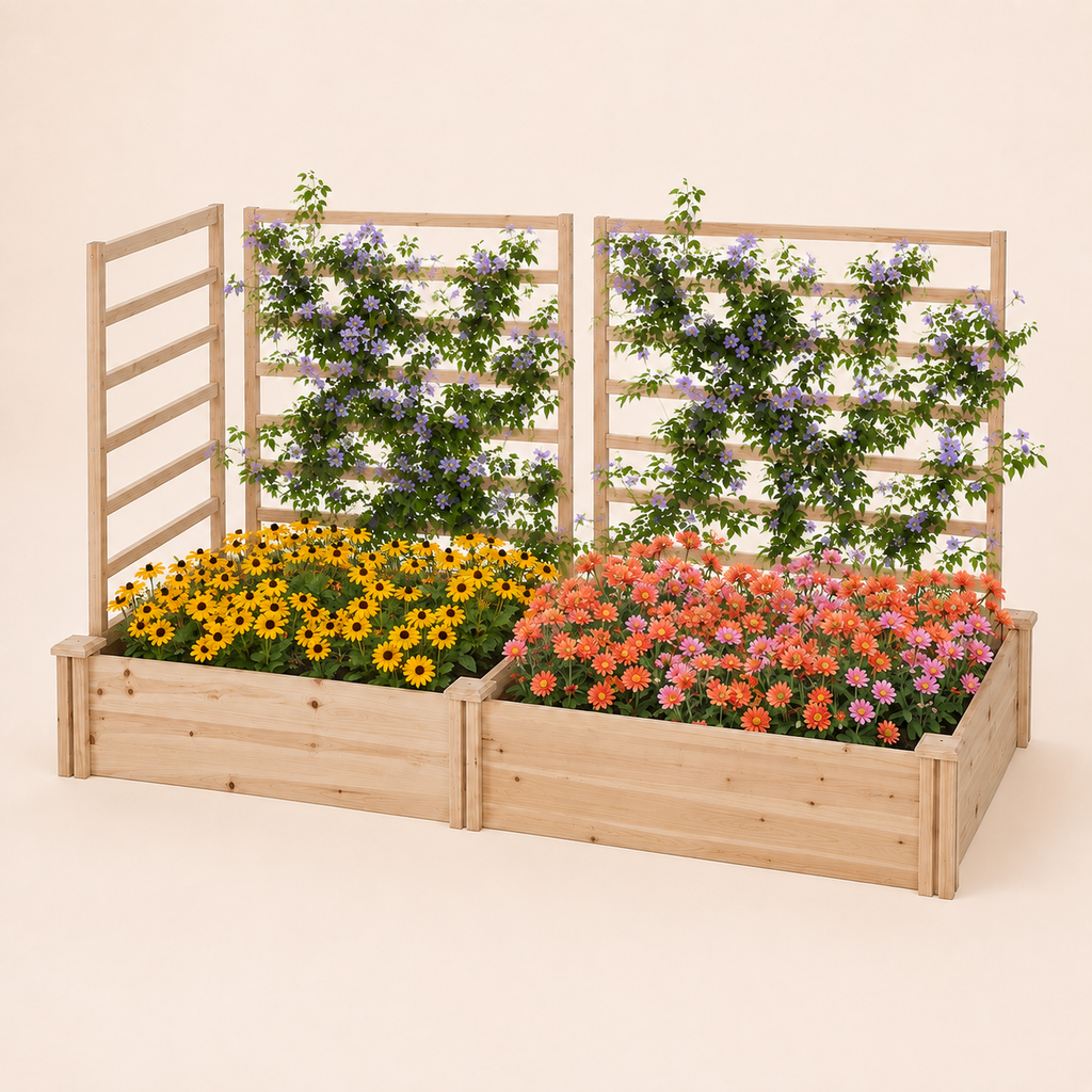 Natural fir wood raised garden bed with two planter boxes and three trellises
