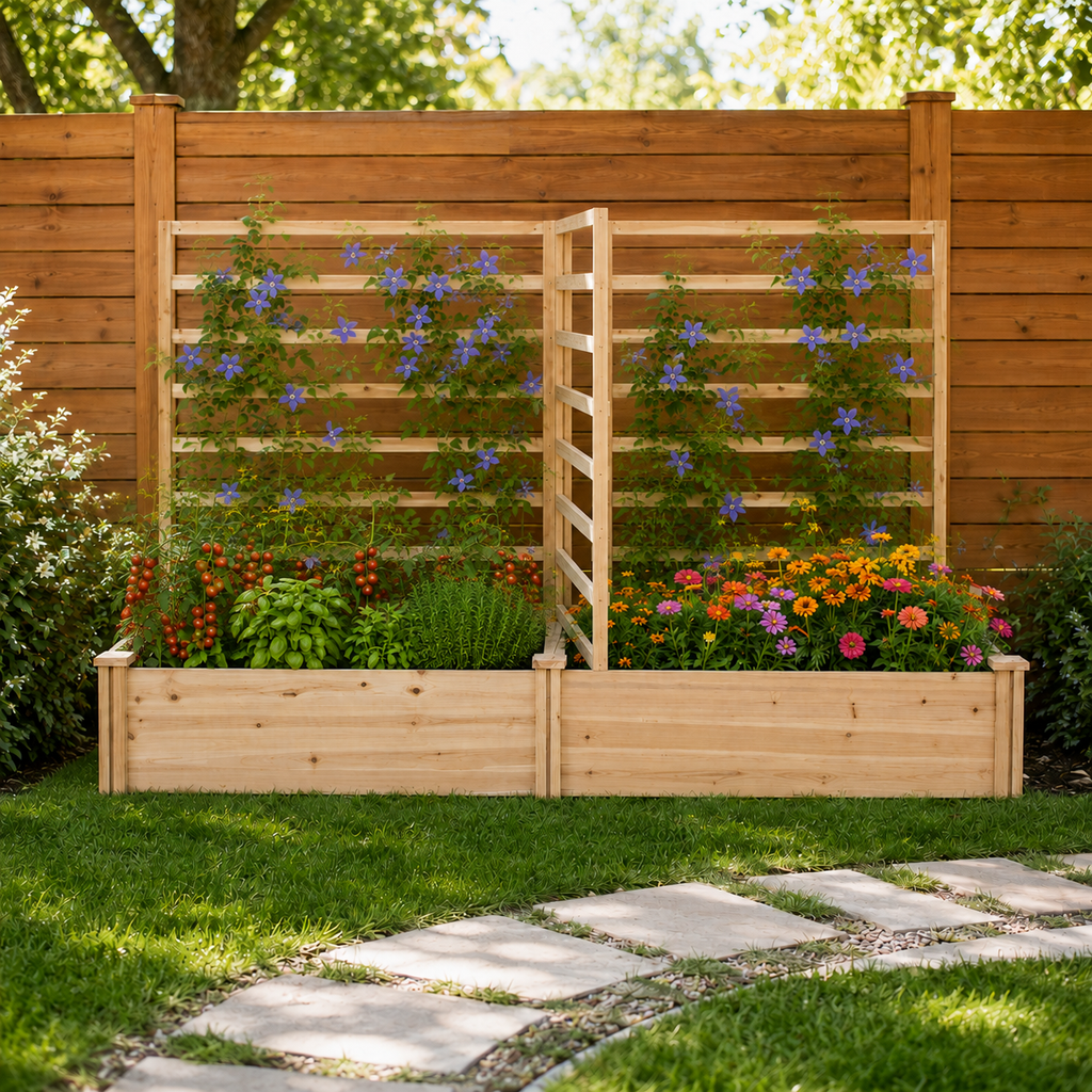 Two-box raised garden bed with center-divider trellis in a landscaped backyard