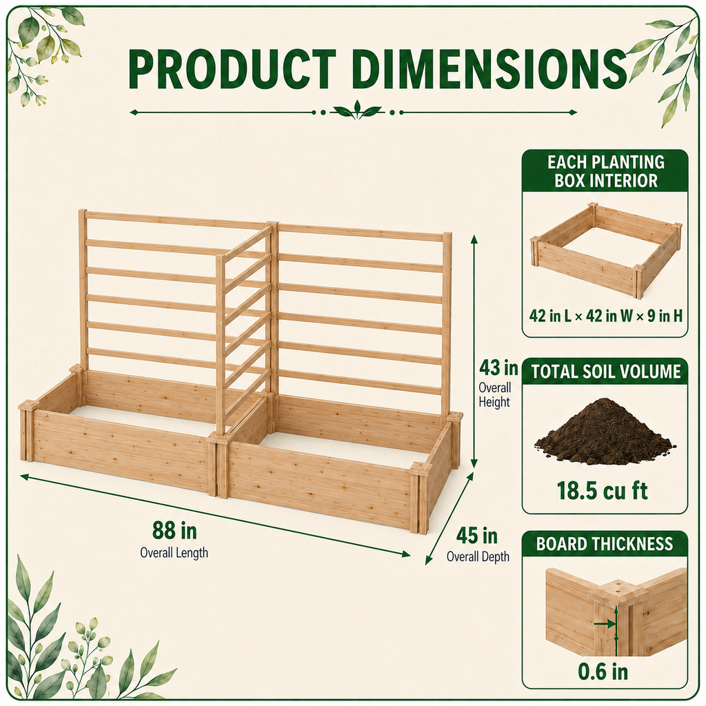 Raised garden bed dimensions for two planter boxes and three trellises