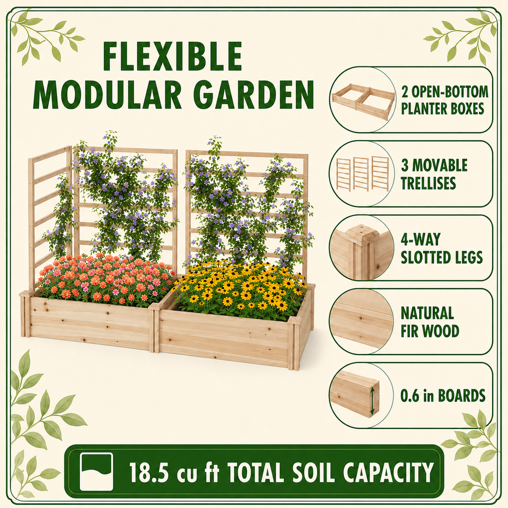 Modular raised garden bed features including open bottoms and movable trellises