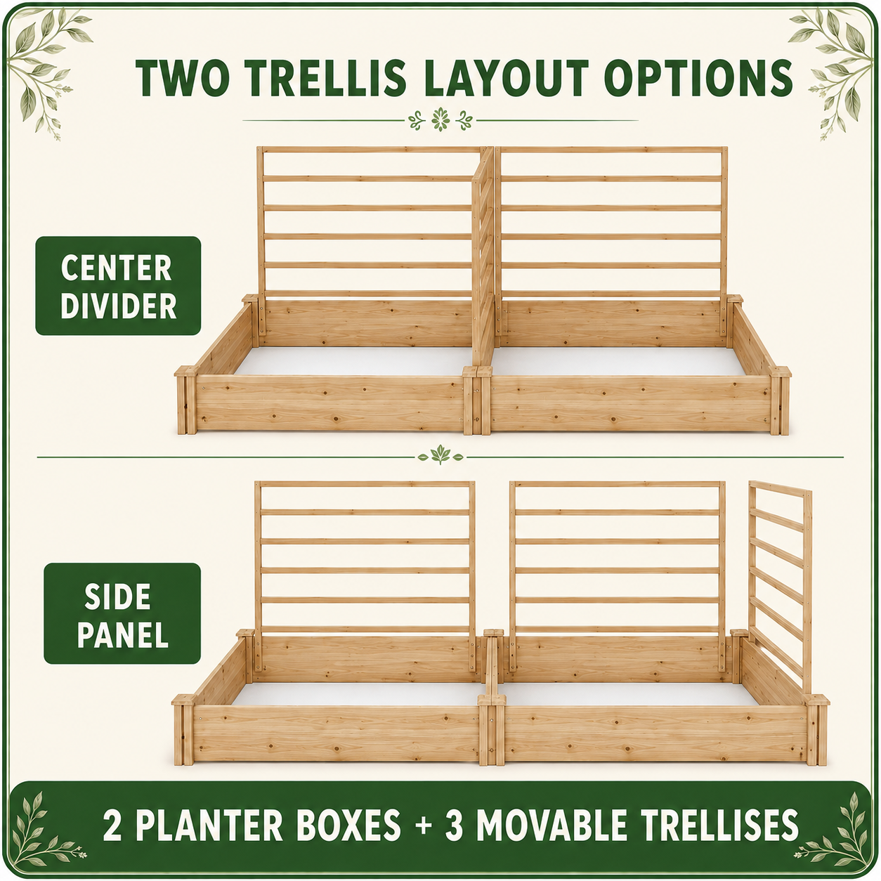 Two trellis layout options for a modular two-box raised garden bed