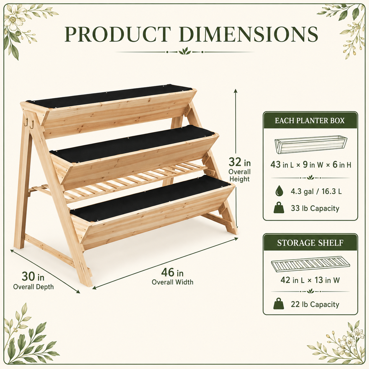 Three-tier wooden garden bed dimensions and planter box capacities
