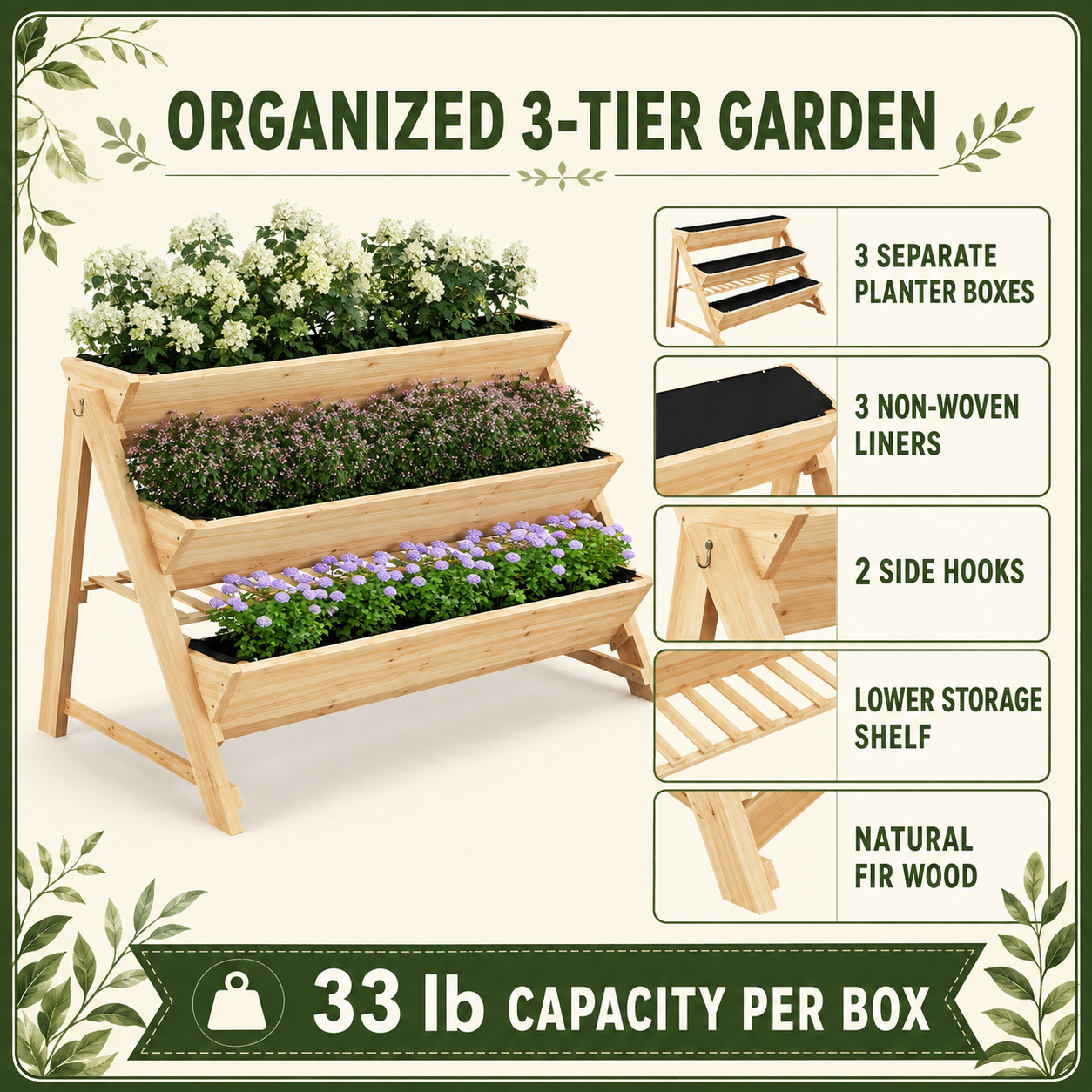 Three-tier wooden garden bed features including liners, hooks, and storage shelf