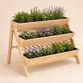 Three-tier natural wood garden bed with planter boxes, shelf, and side hooks