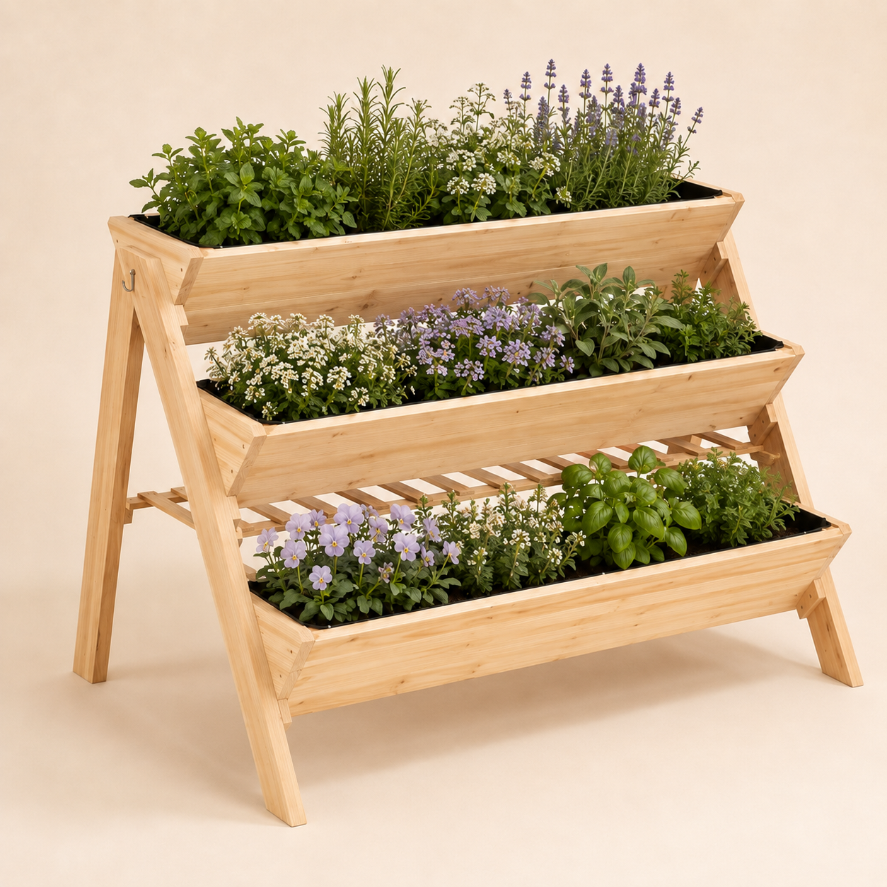 Three-tier natural wood garden bed with planter boxes, shelf, and side hooks