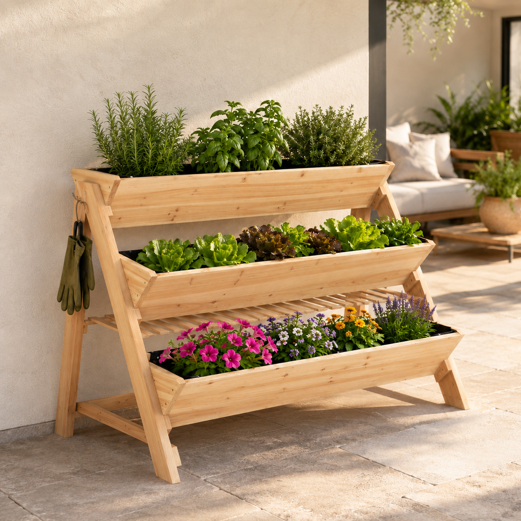 Three-tier wooden garden bed with herbs, greens, and flowers on a patio