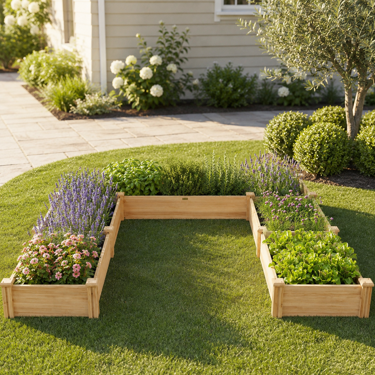 U-shaped fir wood raised garden bed filled with colorful flowers