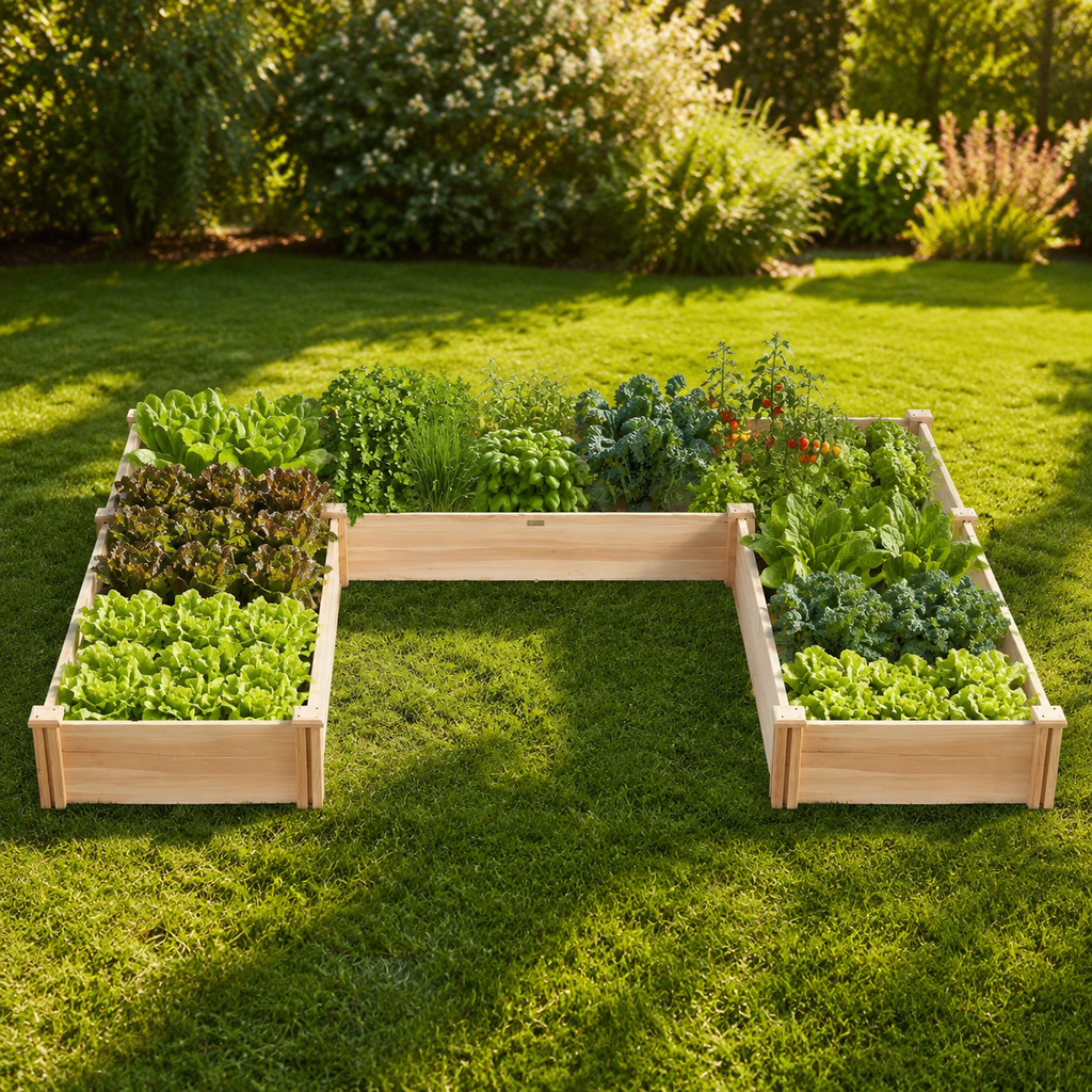 U-shaped wooden raised garden bed planted with vegetables and herbs