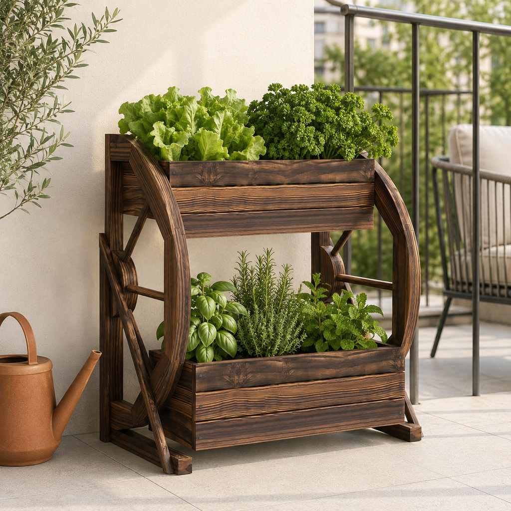Compact two-tier wooden wagon planter with herbs and leafy greens on an apartment balcony