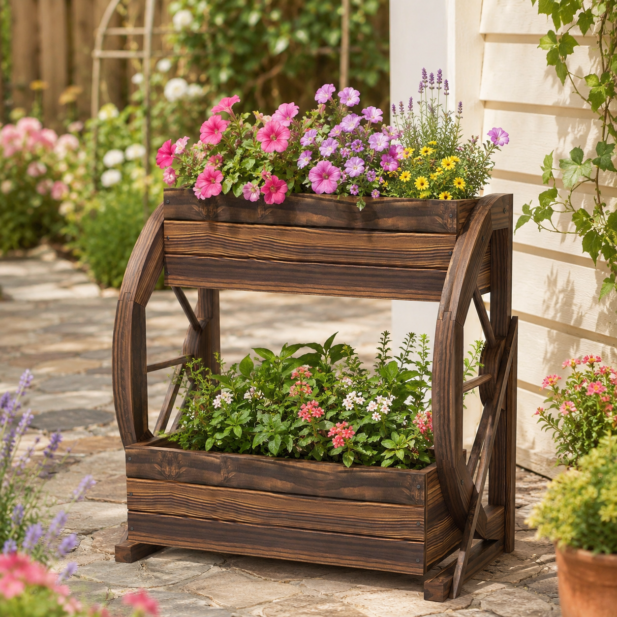 Two-tier dark wood wagon planter with colorful flowers in a cottage garden