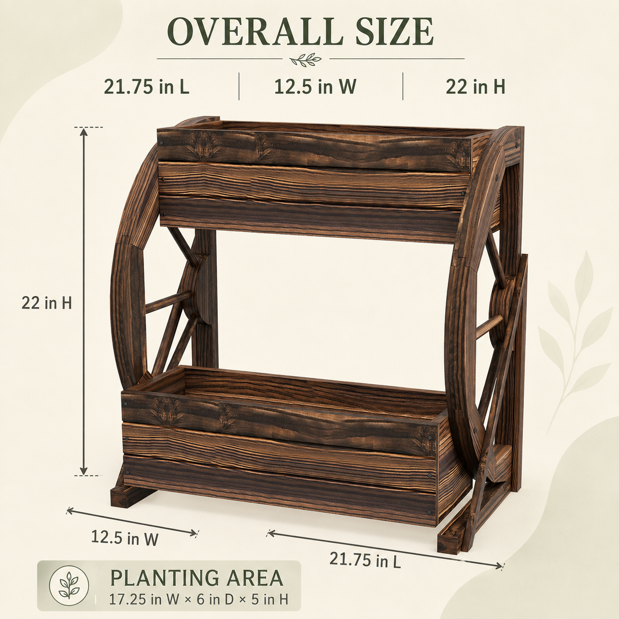 Two-tier wooden wagon planter dimensions: 21.75 by 12.5 by 22 inches