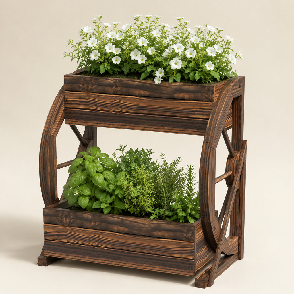 Two-tier dark wood wagon planter with white flowers and fresh herbs